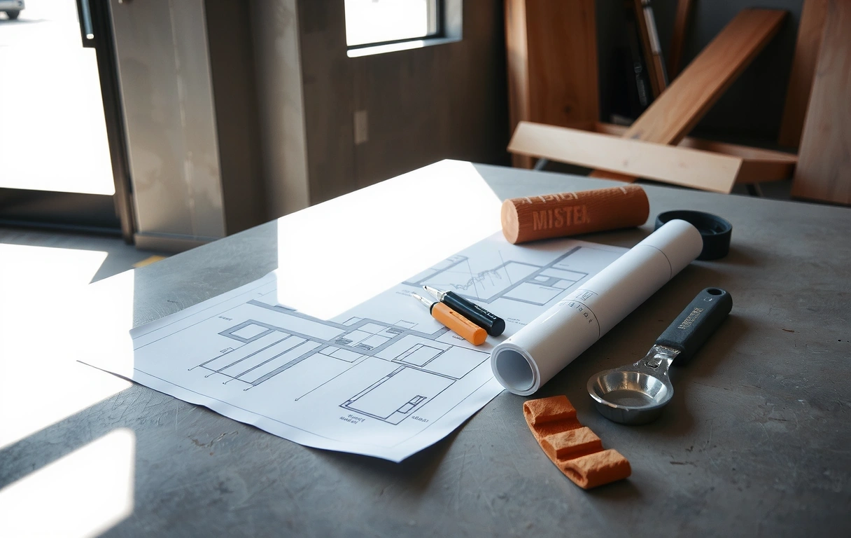 Planos de construcción sobre mesa de trabajo